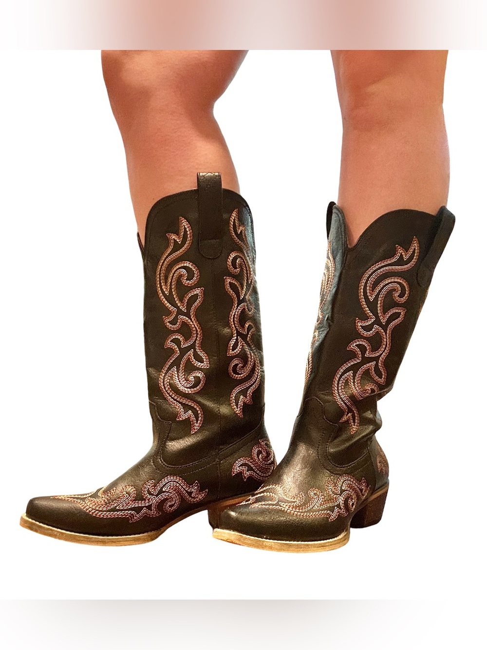 Rollda Women’s 8 Black Contrast Stitching Faux Leather Cowboy Boots Western